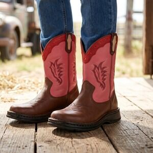 Double H DH1036 Boots Women 10‎ Brown Pink Cowboy Western Leather Cactus Sole